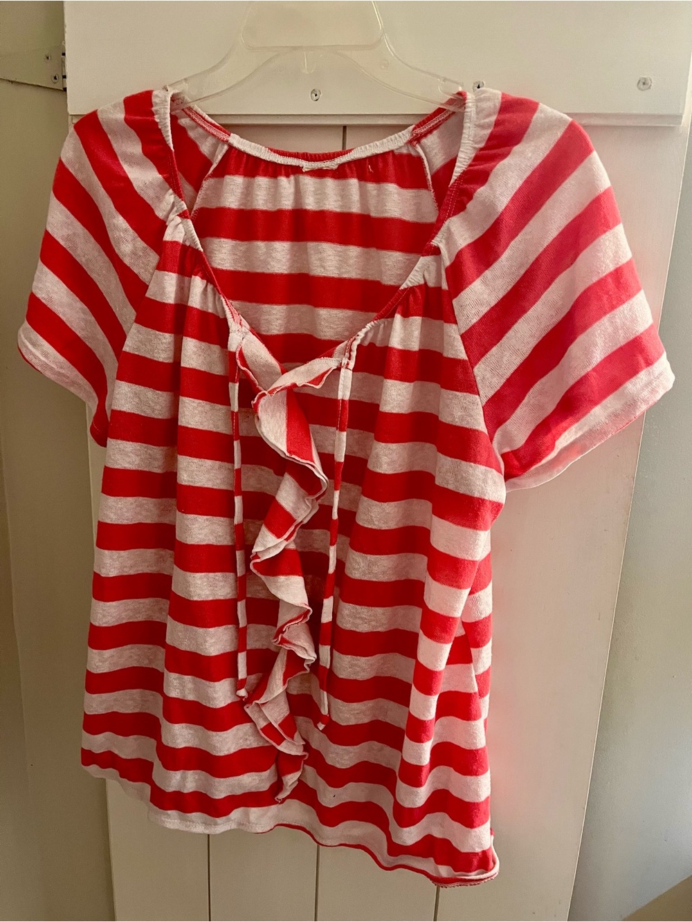 Red and White Striped Ruffle Front Top